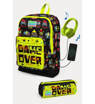 Coral High Kids Siyah Neon Sarı Game Over Desenli USB'li 2'li Okul Çanta Seti - Erkek Çocuk