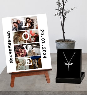 Kişiye Özel Masaüstü 8 Fotoğraflı  Anı Fotoğrafı Love İsim Ve Tarih Tasarımlı Şövale Ve Gümüş Melek Figürlü Kolye