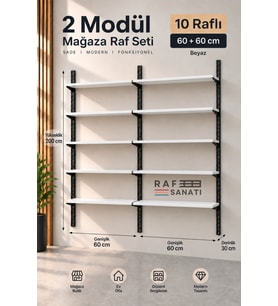 2 Modül 10 Raflı Konik Dikme Mağaza Raf Sistemi 60x30 cm Beyaz Suntalam Duvar Rafı