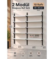 2 Modül 10 Raflı Konik Dikme Mağaza Raf Sistemi 60x30 cm Beyaz Suntalam Duvar Rafı