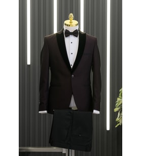 Slimfit Armürlü Kırlangıç Kadife Yaka Yelekli Papyonlu Smokin Takım Elbise (Bordo)