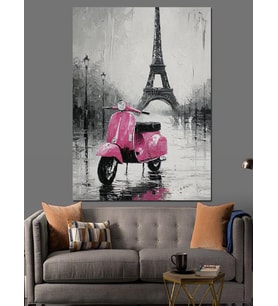 Eiffel Kulesi Pembe Scooter Dekoratif Kanvas - Mdf Ahşap Tablo