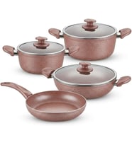 Argos 7 Parça Tencere ve Tava Seti - Pembe Kırçıl Renkli Yanmaz Yapışmaz Çeyiz Paketi Cam Kapaklı (20/24/26 cm Tencere + 26 cm Tava)
