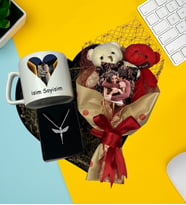 Premium Kalp Kutu Fotoğraflı Ayıcık Buketi Resimli Çay Ve Nescafe Fincanı Gümüş Kaplama Melek Kolye