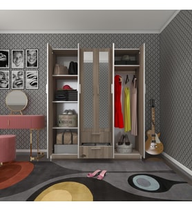 Kenzlife gardırop 6 kapılı çekmeceli begonvil150 crd aynalı kapaklı gardolap dolap (Karışık)