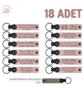 Öğrencilerin Birlikte Paylaşabileceği, 18'li Anahtarlık Set, İsme Özel Hatıra, Pudra & Gri