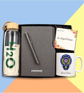 Kişiye Özel Termo Deri Gri Defter & Bambu Kapaklı Cam Matara & Gri Renk Roller Kalem & Polislere Özel Logo Baskılı Kupa Hediye Seti