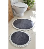 Yumuşak Dokulu, Kaydırmaz Taban Gri 2’li Oval Paspas Seti – Lüks Banyo Konforu