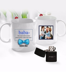 BK Gift Kişiye Özel Babalar Günü Hediyesi Fotoğraflı Kupa Bardak ve Benzinli Çakmak Seti-88 (Model 1)