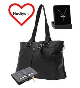 Givenza Çüzdan ve Melek Kolye Hediyeli Çok Çepli Omuz Çantası (Siyah)