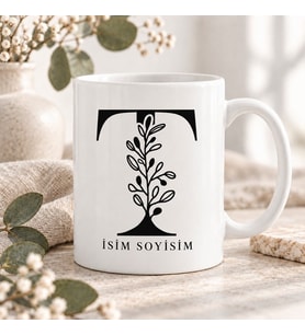 Kişiye Özel Baş Harf ve İsim Yazılı Modern Botanik Desenli Seramik Kupa Bardak