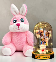 Kişiye Özel 3 Fotoğraflı LED Işıklı Fanus ve Pembe Peluş Tavşan Hediye Seti (beyaz ayıcıklı)