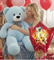 90 Cm Peluş Ayı ve LED Işıklı Romantik Balonlu Sütlü Kahve Ayıcık Buketi Doğüm Günü Hediyesi (Açık Mavi)