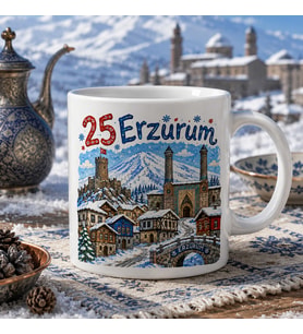 Erzurum Temalı Memleket Kupası – 25 Erzurum Çifte Minareli Medrese Kale Karlı Dağlar ve Tarihi Evler Baskılı Seramik Kupa