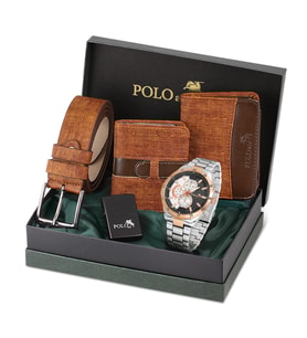Polo Air Erkek Kol Saati Kemer Cüzdan Kartlık Çakmak Kombin Set Siyah Renk PL-0790E (Kahverengi)