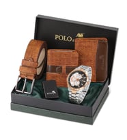 Polo Air Erkek Kol Saati Kemer Cüzdan Kartlık Çakmak Kombin Set Siyah Renk PL-0790E (Kahverengi)