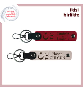 Ay Yıldız TC Desenli Deri Anahtarlık Seti – Kişiye Özel Yazılabilir Şık Hediye x2, Kırmızı-Pudra
