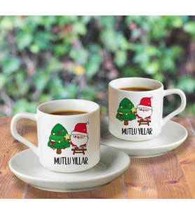 Mutlu Yıllar & Merry Christmas & Yılbaşı & Noel Baba Tasarımlı Türk Kahvesi Fincanı Seti İkili