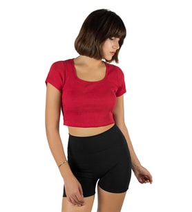 Kadın Kırmızı Havuz Yaka Fitted/vücuda Oturan Kısa Kol Crop Tişört 23K-TRP-CRP04