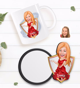 BK Gift Kişiye Özel Kadın Manken Karikatürlü Beyaz Kupa ve Ahşap Bardak Altlığı Hediye Seti-1