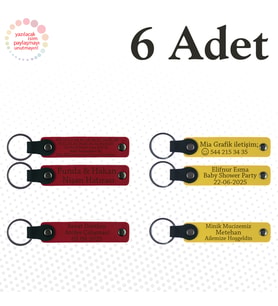Kırmızı & Sarı, 6’lı Set, İsim Yazılabilen Deri Anahtarlık, Aile Pikniklerine Özel Hatıra