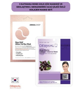 3 Katmanlı Rose Gold Göz Maskesi ve Sıkılaştırıcı, Nemlendirici Acai Çileği Özlü Kolajen Maske Seti