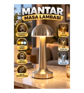 Dokunmatik Krom Mantar LED Masa Lambası – 3 Renk Modlu Şarjlı ve Kablosuz