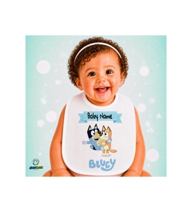 Kişiye Özel Bluey Keten Bebek Mama Önlüğü – Yumuşak, Emici, Yıkanabilir, Özel Tasarım P076