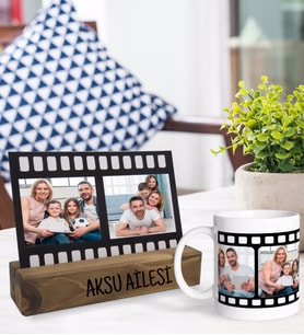 BK Gift Kişiye Özel Fotoğraflı Film Şeridi Mesajlı Dekoratif Ahşap Stand ve Kupa Hediye Seti