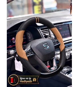 Seat Leon Mk3.5 Dikme Direksiyon Kılıfı Delikli Deri Parlak Siyah Taba Detay Çift Yüzük ve Dikiş 2017-2020