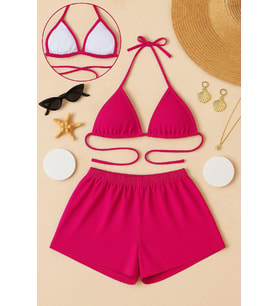 Kadın Fuşya Şortlu Belden ve Boyundan Bağlamalı Bikini Takımı