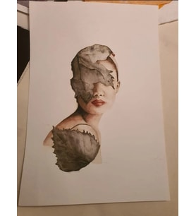 %100 El Yapımı Yaprak Kadın Suluboya Resim 42x30 cm