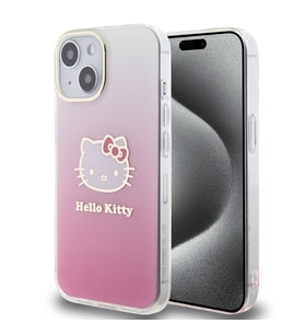 Apple iPhone 15 Uyumlu Kılıf Hello Kitty Orjinal Lisanslı Yazı ve İkonik Logolu Elektroplating Kaplama Gradyan Kapak (Pembe)