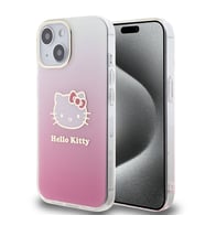 Apple iPhone 15 Uyumlu Kılıf Hello Kitty Orjinal Lisanslı Yazı ve İkonik Logolu Elektroplating Kaplama Gradyan Kapak (Pembe)