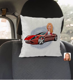 BK Gift Kişiye Özel Plakalı Kadın Ferrari 458 Karikatürlü Kare Araç Koltuk Yastığı-1