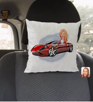 BK Gift Kişiye Özel Plakalı Kadın Ferrari 458 Karikatürlü Kare Araç Koltuk Yastığı-1