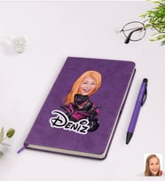 BK Gift Kişiye Özel Kadın Motorcu Karikatürlü Mor Termo Deri Defter Kalem Seti Model 1