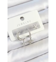Pirinç Zirkon Taşlı Çiçek Ve Ay Model Gümüş Renk 3'lü Çift Kadın Küpe Set - TJ-BKP10804