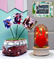 Kişiye Özel Hediye Seti Led Işıklı Fanus ve 3 Fotoğraflı Bordo Vosvos Saksı (Model 1)