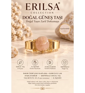 Sertifikalı Doğal Güneş Taşı Yüzük Gold Kaplama Bakır Kasa Ayarlanabilir El İşçiliği