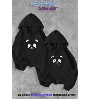 Sevgili Çift Kombini Panda Baskılı Kapüşonlu Sweatshirt 2li Set Takım (Siyah)