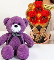Kişiye Özel Led Işıklı Tasarım Peluş Ayıcık Buketi ve 50 cm Büyük Boy Mor Peluş Ayıcık Seti
