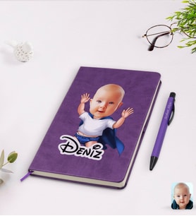BK Gift Kişiye Özel Bebek Karikatürlü Mor Termo Deri Defter Kalem Seti Model 3