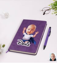 BK Gift Kişiye Özel Bebek Karikatürlü Mor Termo Deri Defter Kalem Seti Model 3