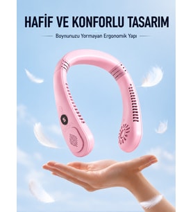 Pembe Boyun Tipi Fan USB Şarjlı Hafif Tasarım Güçlü Ha Üflemeli Serinletici