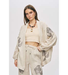 Kadın Flora Natur Nakış İşlemeli Geniş Kesim Oversize Kimono (Natural)