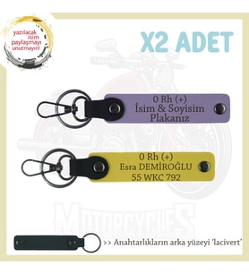 Hız Tutkunlarına Özel, İsim Plaka ve 0 Rh (+) Kan Grubu Yazılı Deri x2' li Anahtarlık, Mor-Sarı-Laci (Çok Renkli)