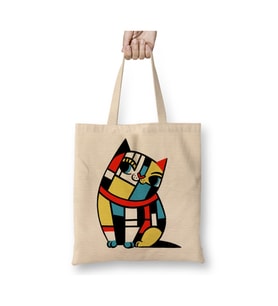 Mondrian Cat Kedi Beyaz Bez Çanta Uzun Saplı Alışveriş Çantası Plaj Çantası