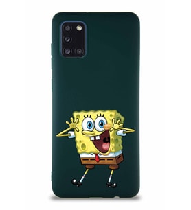 Samsung Galaxy A31 Soft Premier Kapak Sünger Bob Tasarımlı Silikon Kılıf - Yeşil (Şeffaf)