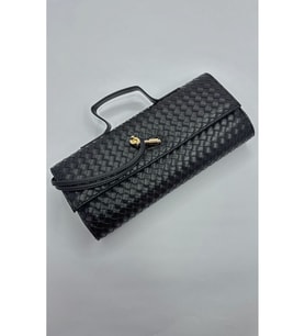 Siyah Örgü Desenli Kadın El Ve Omuz Çantası - Askılı Portföy Clutch Çanta